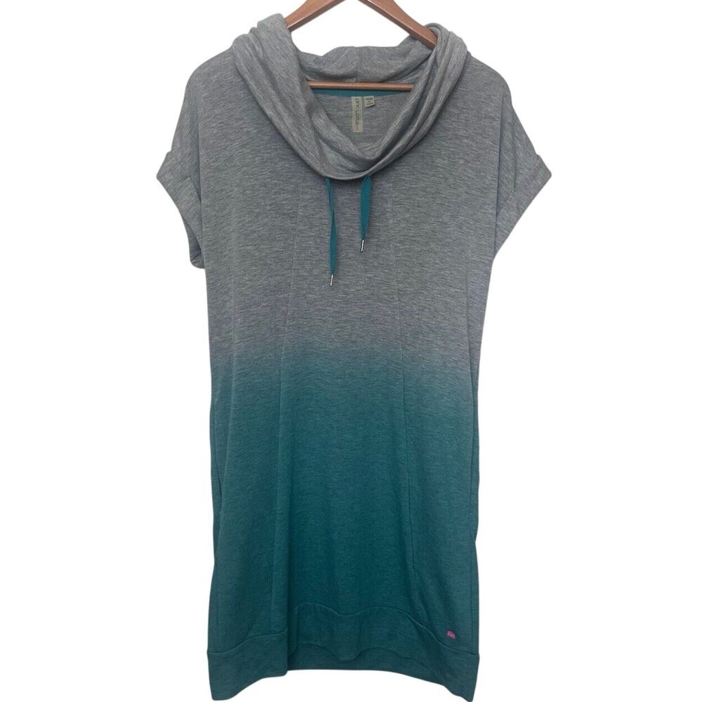 PINK LOTUS Ombre Gray Teal Cowl Neck Short Sleeve Active Athletic Dress Sz Small